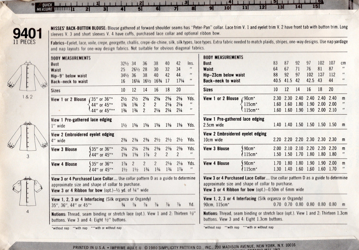 1980's Simplicity Button Back Blouse Pattern with Puff or Long Sleeve - Bust 36" - No. 9401