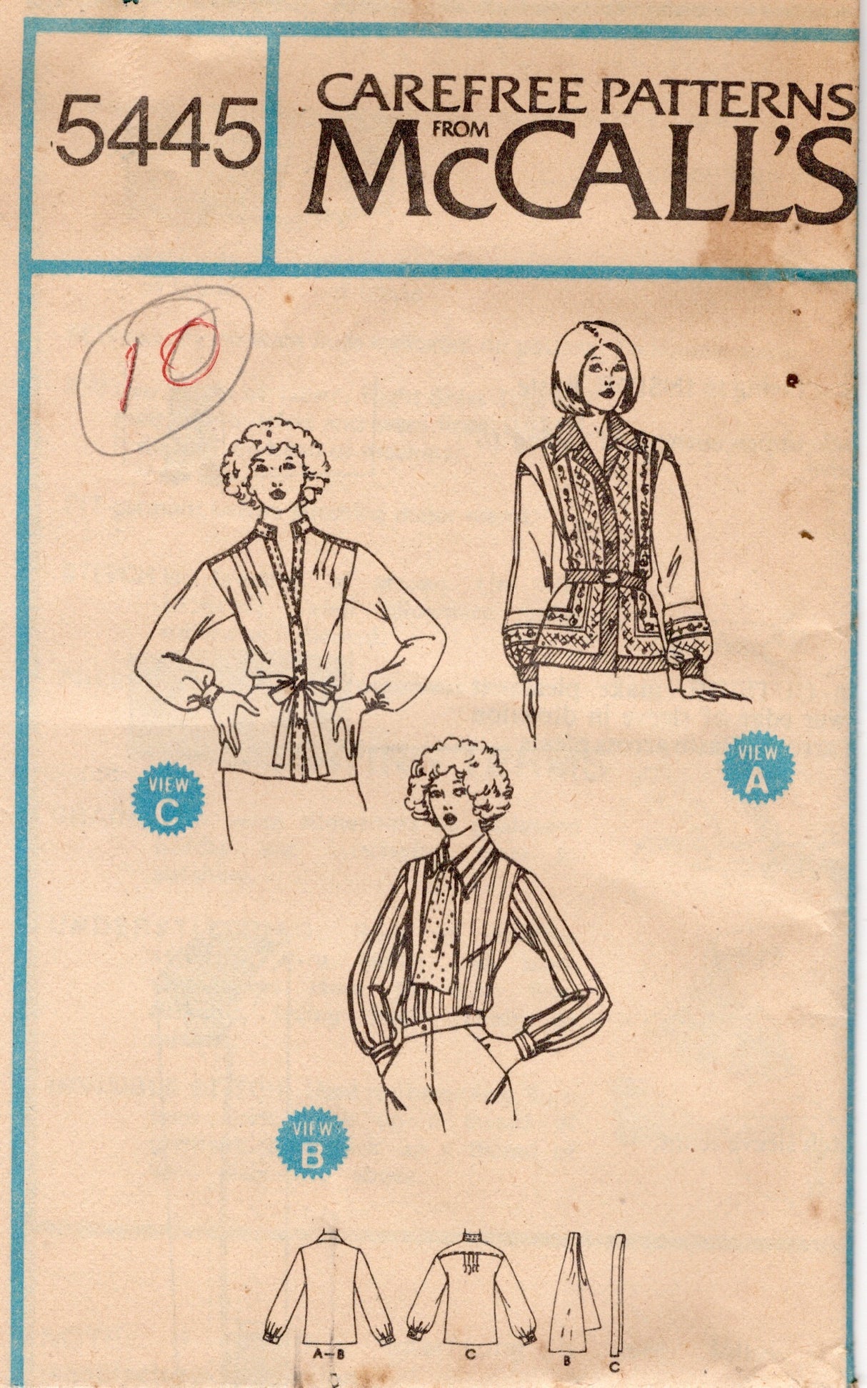 1970's McCall's Set of Button Up Blouses pattern - Bust 32.5" - No. 5445