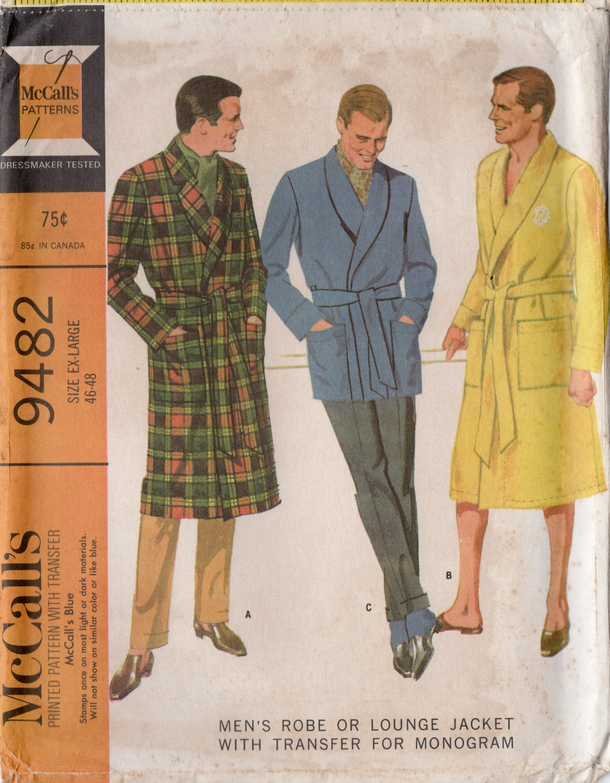 1960's McCall's Men's Robe or Lounge Jacket Pattern and Monograms - Chest 46-48" - No. 9482