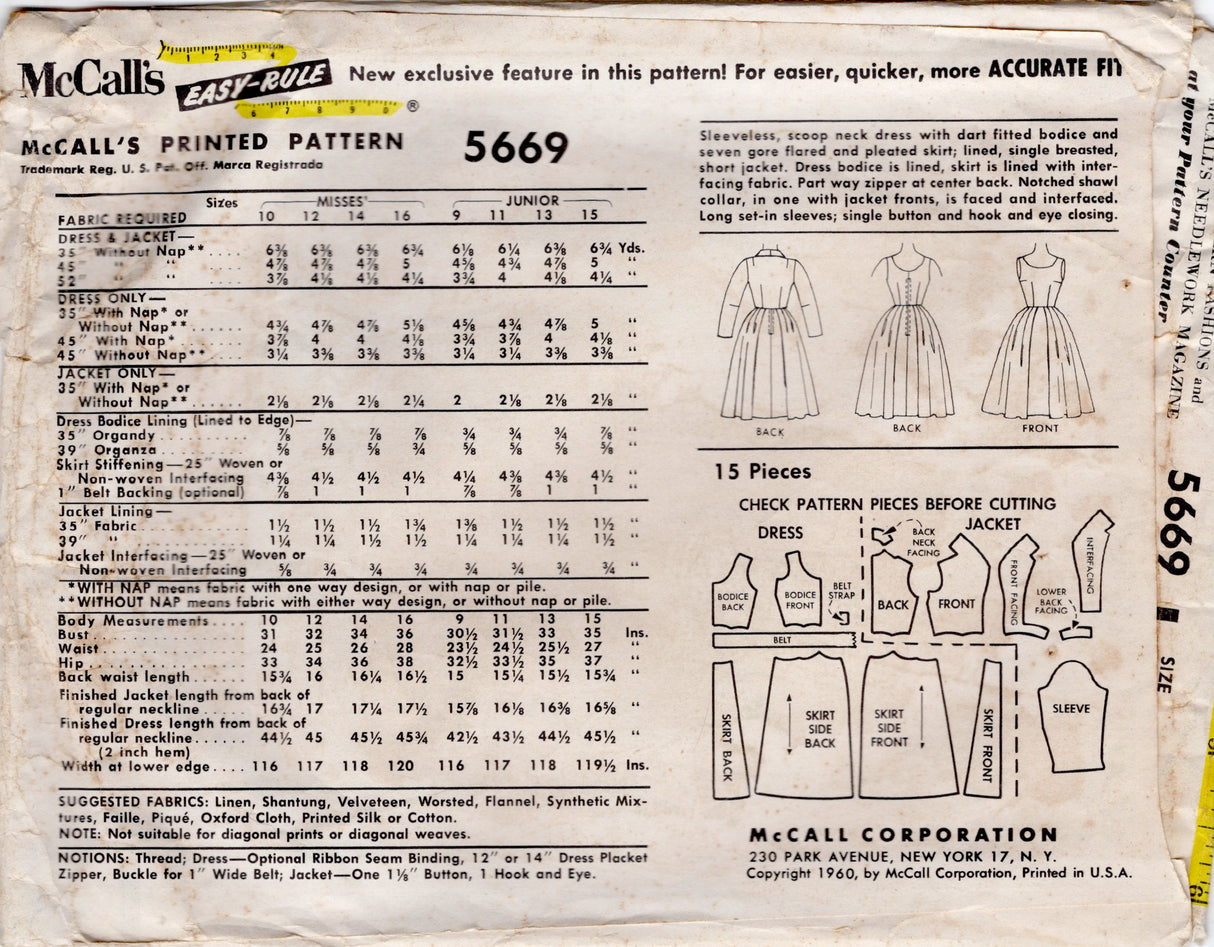 1960's McCall's One Piece Fit and Flare Dress and Bolero Jacket - Bust 34" - No. 5669