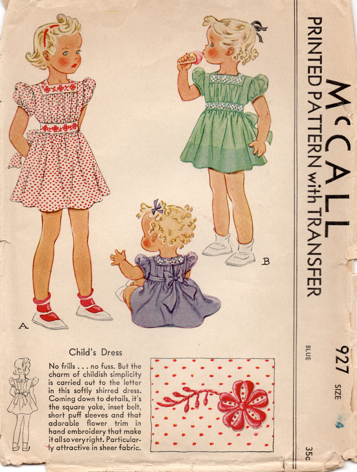1940's McCall Child’s Dress and Embroidery Pattern – Chest 23” - No. 927
