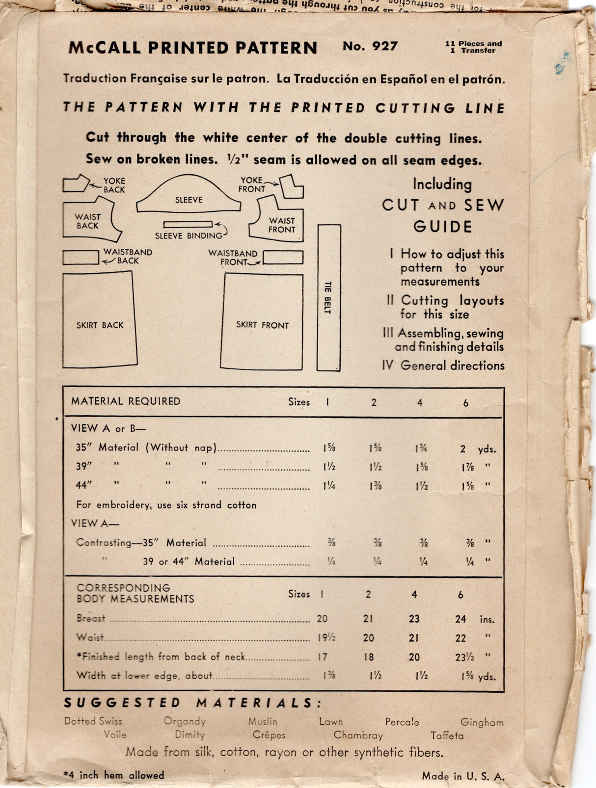 1940's McCall Child’s Dress and Embroidery Pattern – Chest 23” - No. 927