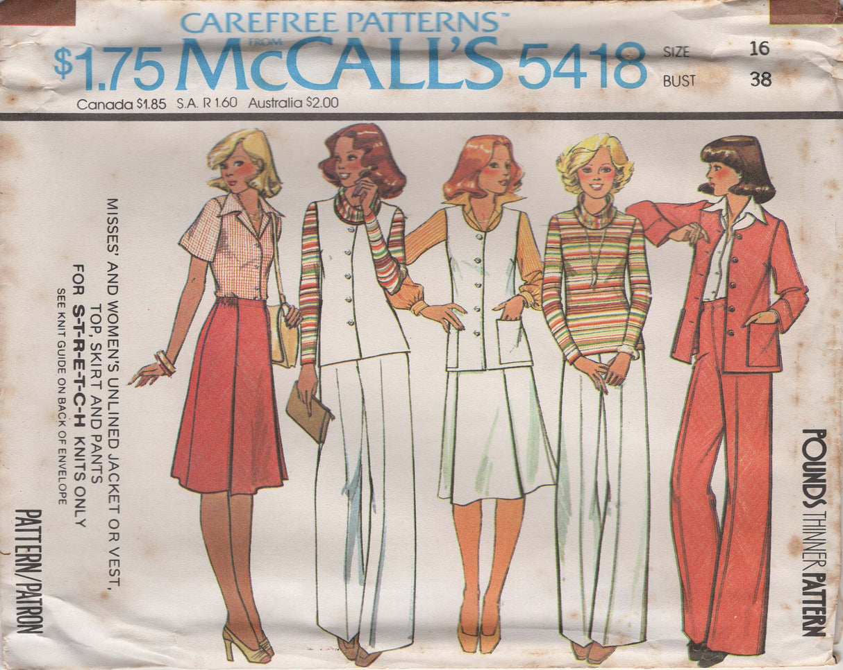 1970's McCall's Unlined Shirt-Jacket, Vest, Skirt and Pants Pattern - Bust 38"  - No. 5418