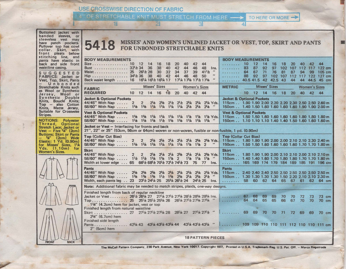 1970's McCall's Unlined Shirt-Jacket, Vest, Skirt and Pants Pattern - Bust 38"  - No. 5418