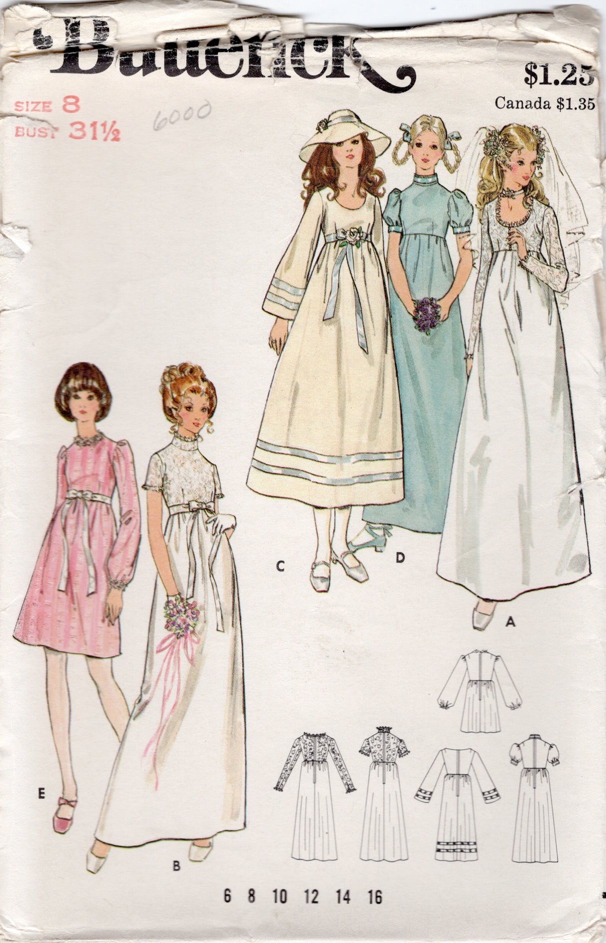 1970's Butterick Empire Waist Wedding Dress - Bust 31.5"- No. 6000