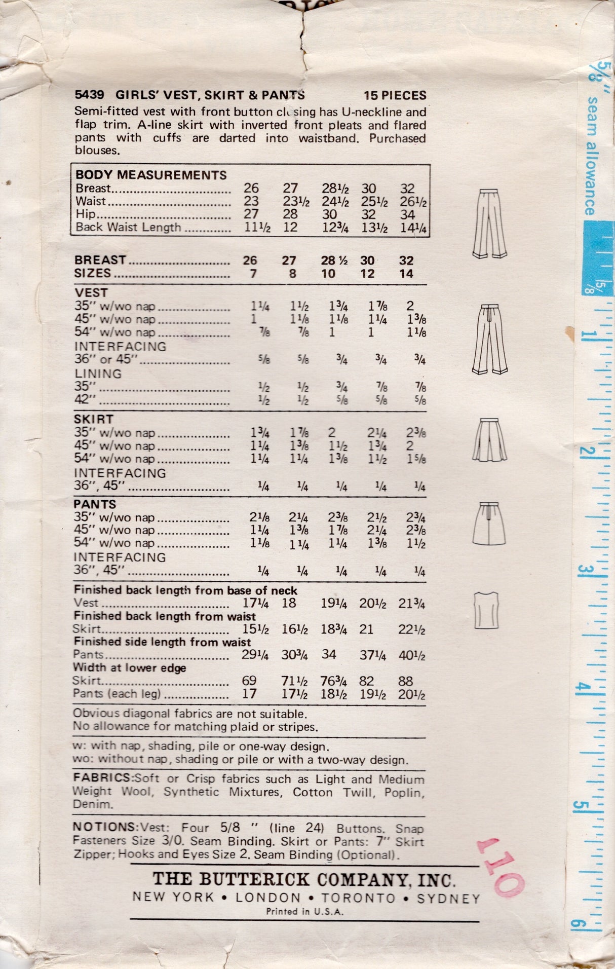 1970's Butterick Child's Blouse, Vest, Pants or Skirt Pattern - Chest 30" - No. 5439