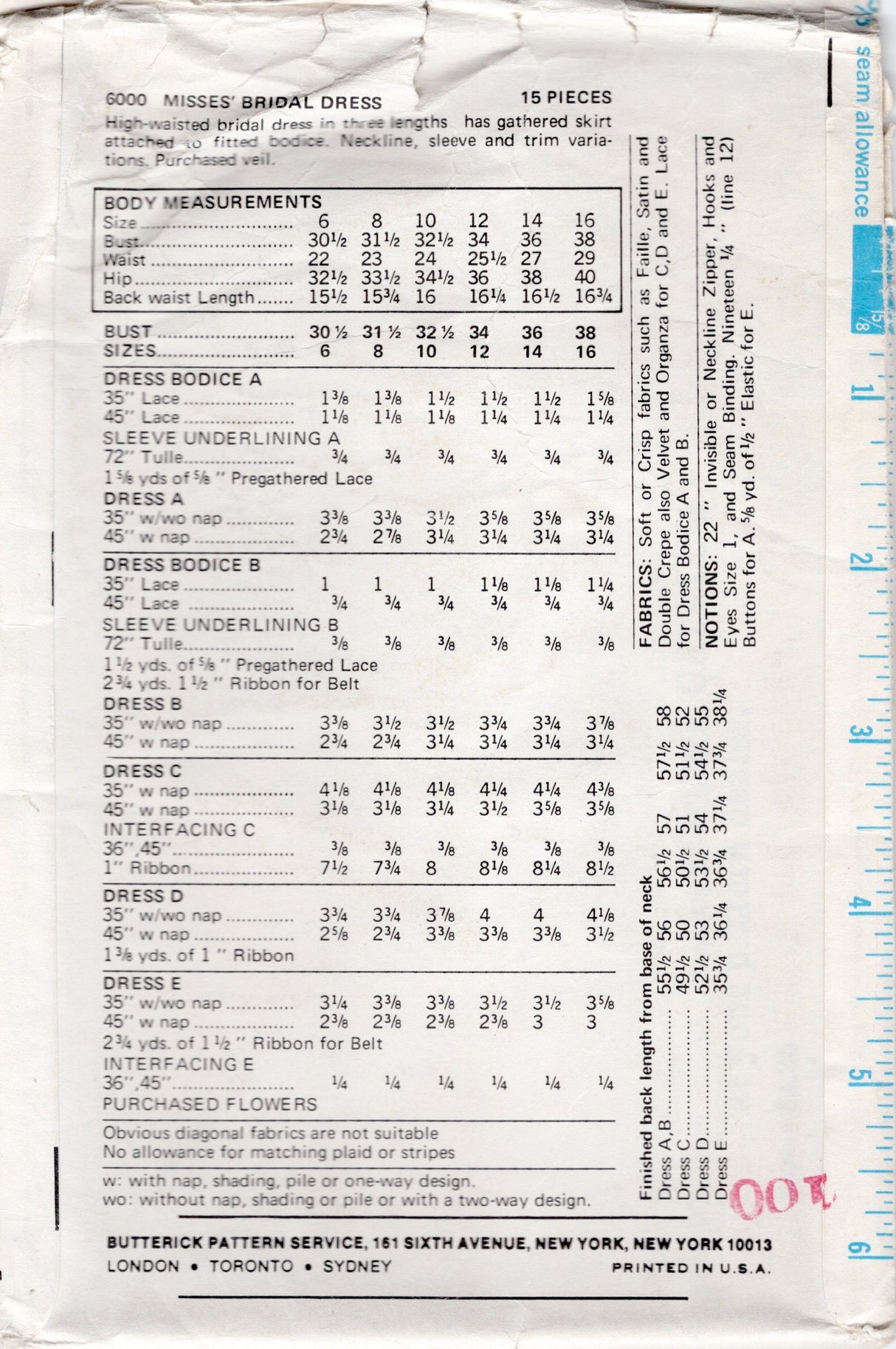 1970's Butterick Empire Waist Wedding Dress - Bust 31.5"- No. 6000