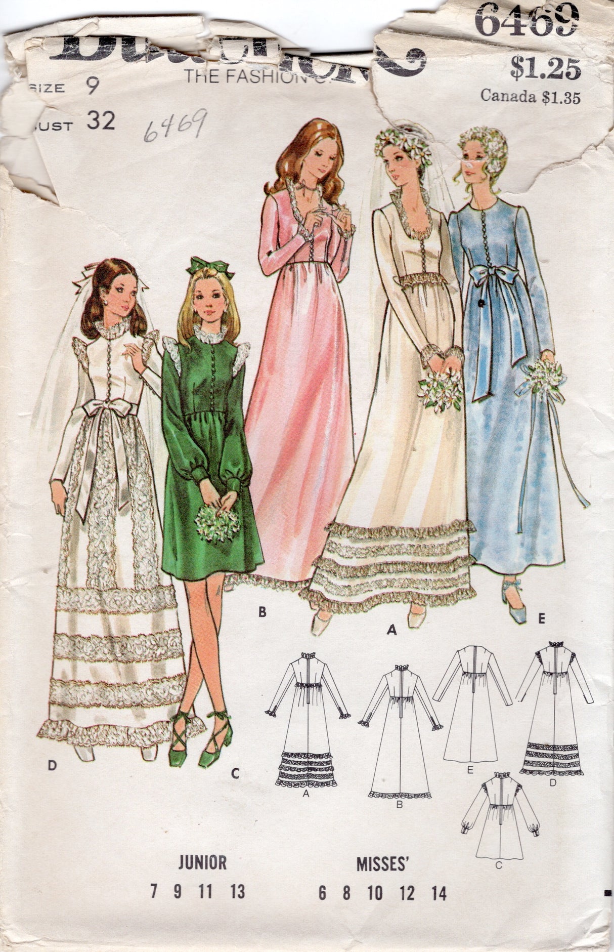 1970's Butterick Wedding or Bridesmaid Dress - Bust 32-34" - No. 6469