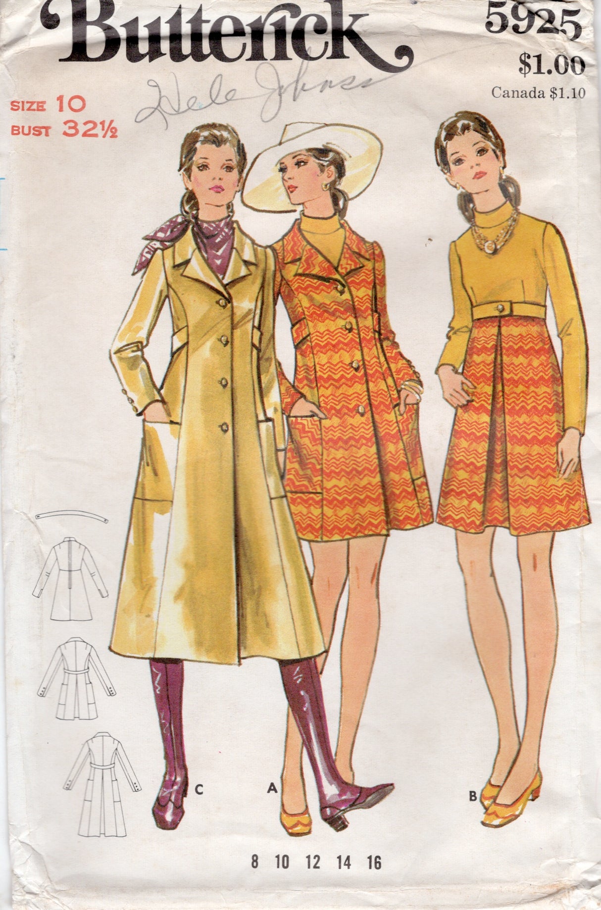 1960’s Butterick Princess Line Coat and Dress Pattern – Bust 32.5” - No. 5925