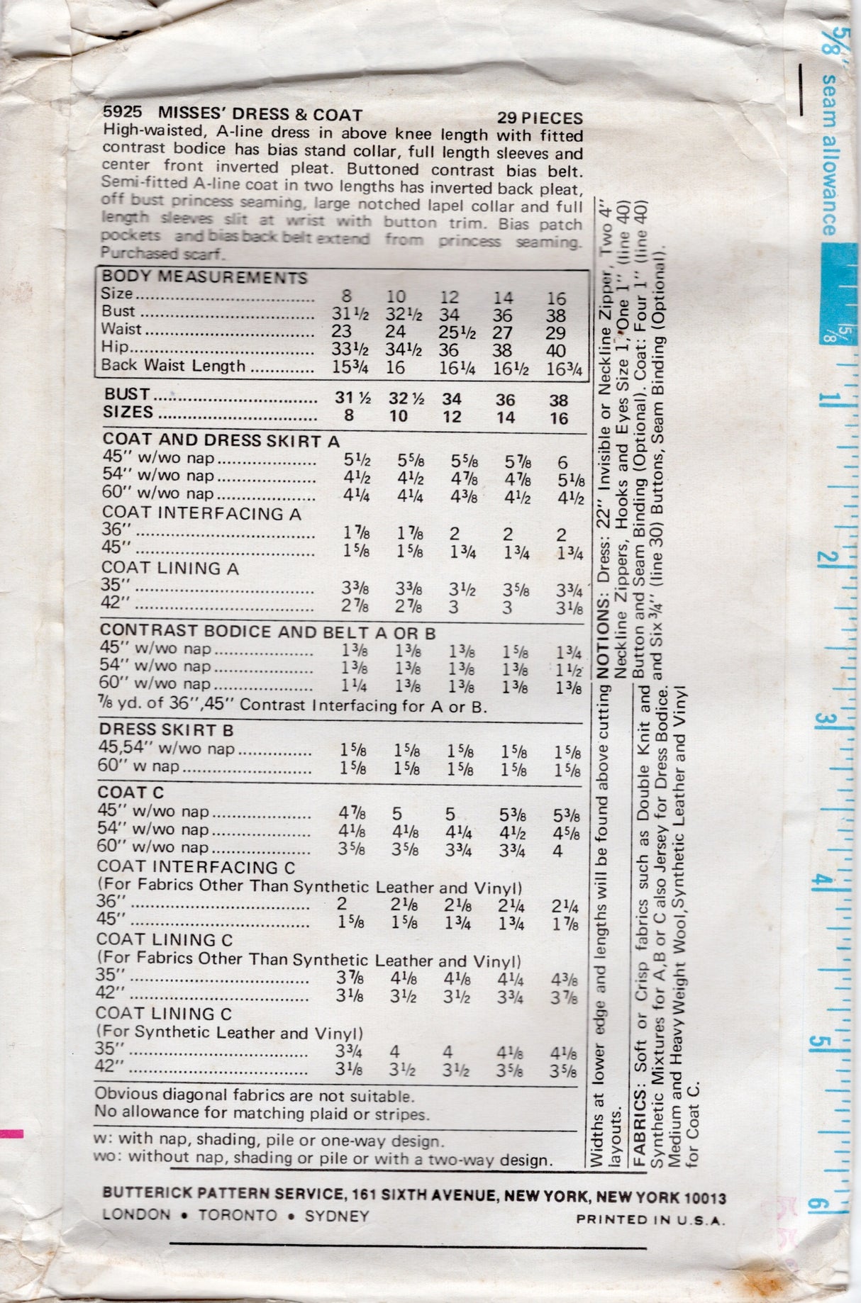 1960’s Butterick Princess Line Coat and Dress Pattern – Bust 32.5” - No. 5925