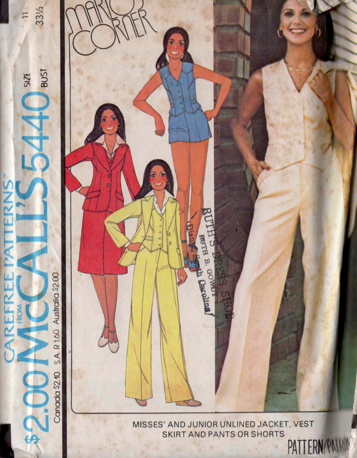 1970's McCall's Junior's Unlined Jacket, Vest, Skirt, Pants or Shorts - Bust 33.5" - No. 5440