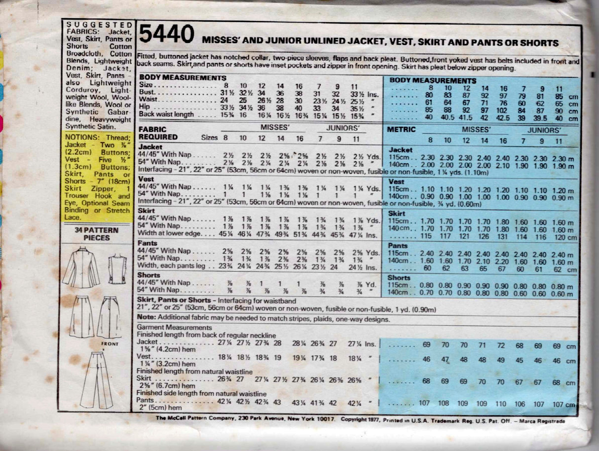 1970's McCall's Junior's Unlined Jacket, Vest, Skirt, Pants or Shorts - Bust 33.5" - No. 5440