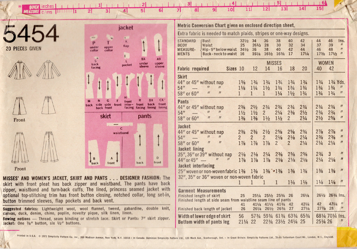 1970's Simplicity Princess Line Jacket, Skirt and Pants Pattern - Bust 44" - No. 5454