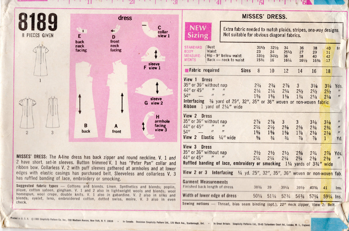 1960's Simplicity Shift Dress Pattern with Puff Sleeve and Peter Pan Collar - Bust 40" - No. 8189