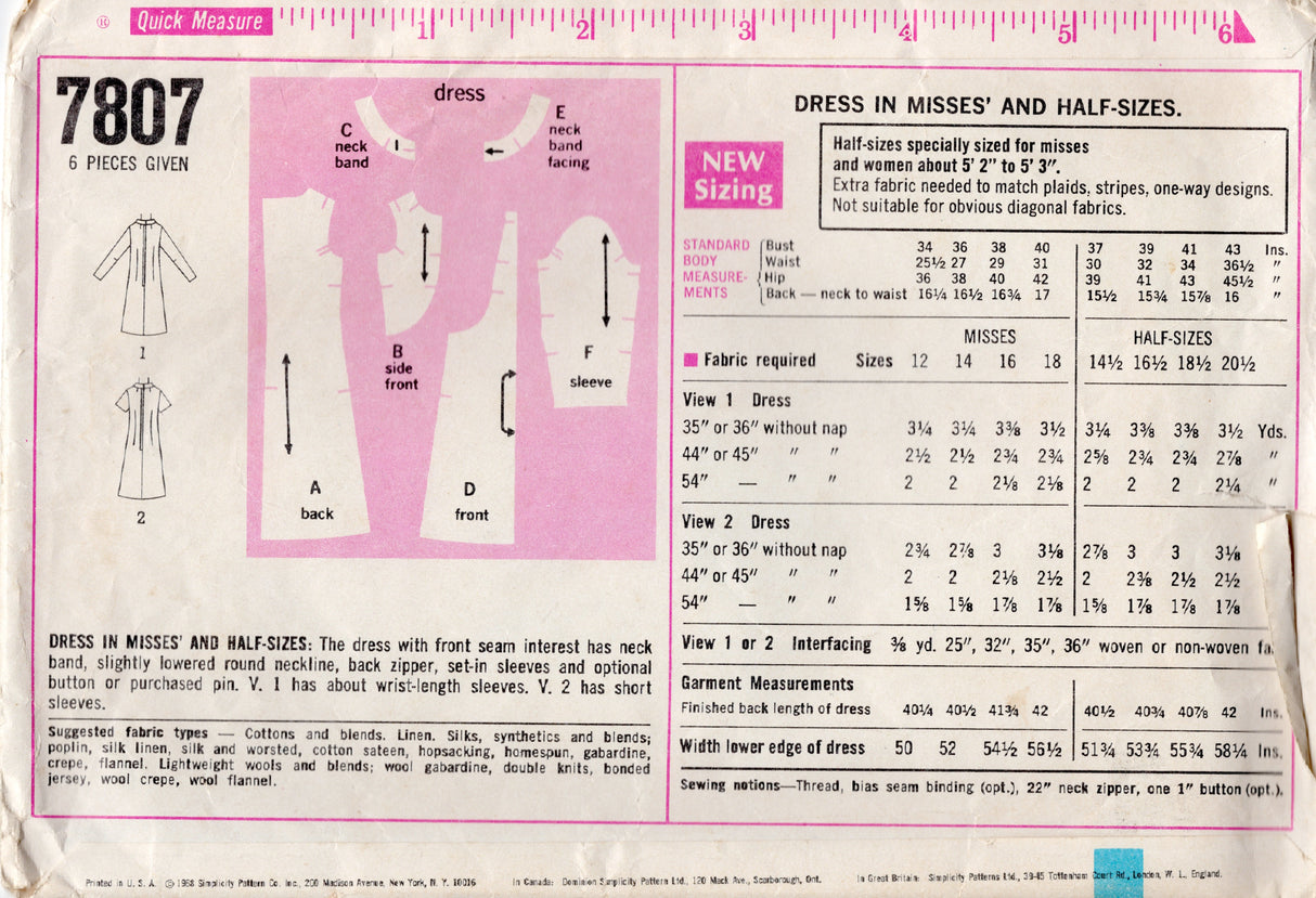 1960's Simplicity Dress Pattern with Bodice Accents and Rounded Collar - Bust 40" - No. 7807
