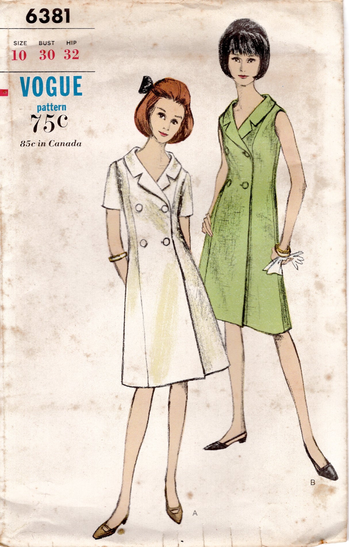 1960's Vogue One Piece Double Breasted Princess Line Coat Dress - Bust 30" - No. 6381