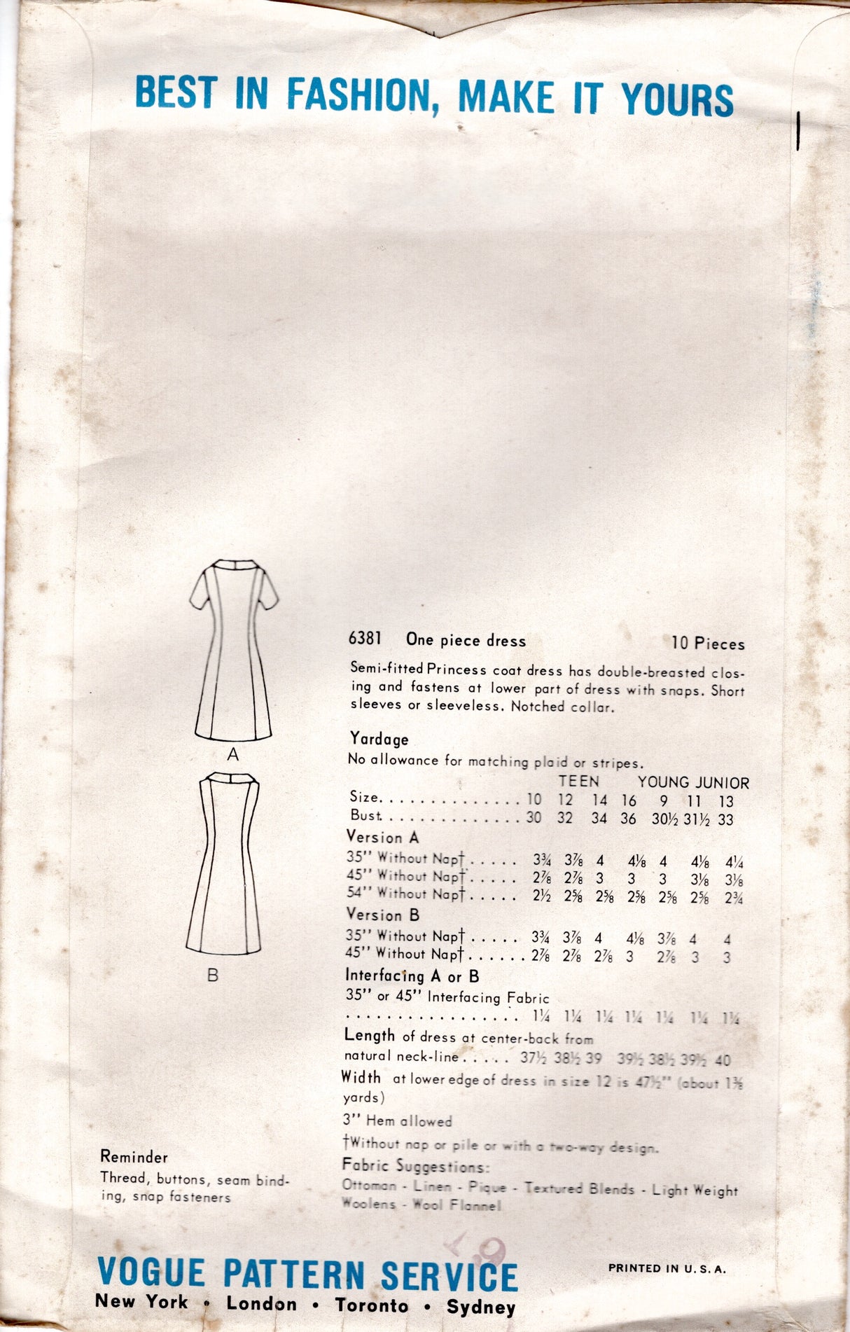 1960's Vogue One Piece Double Breasted Princess Line Coat Dress - Bust 30" - No. 6381