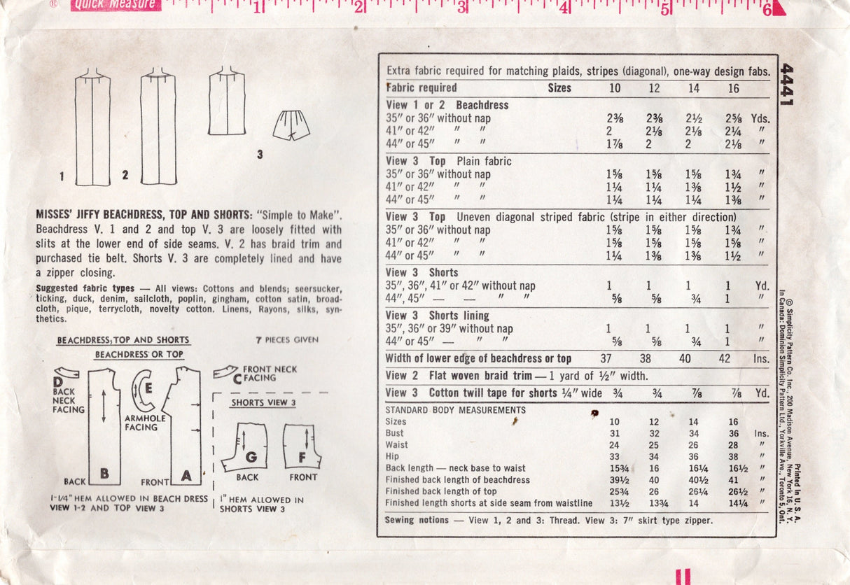 1960's Simplicity Beach Dress and Shorts Pattern – Bust 31" - No. 4441