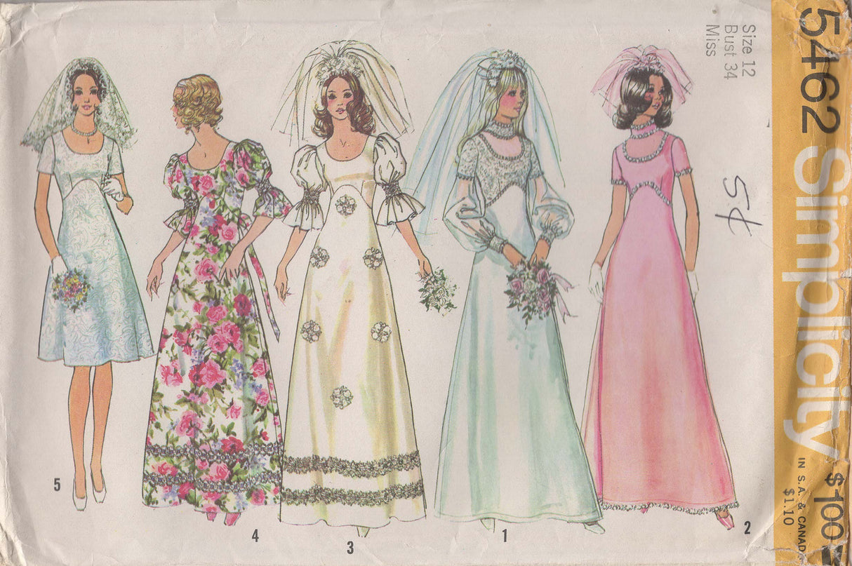 1970's Simplicity Hi-Lo Waist Wedding Dress - Bust 31-34" - No. 5462