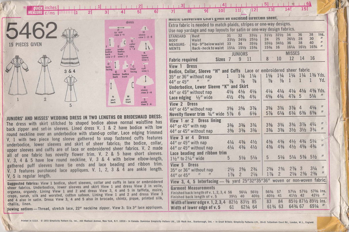 1970's Simplicity Hi-Lo Waist Wedding Dress - Bust 31-34" - No. 5462