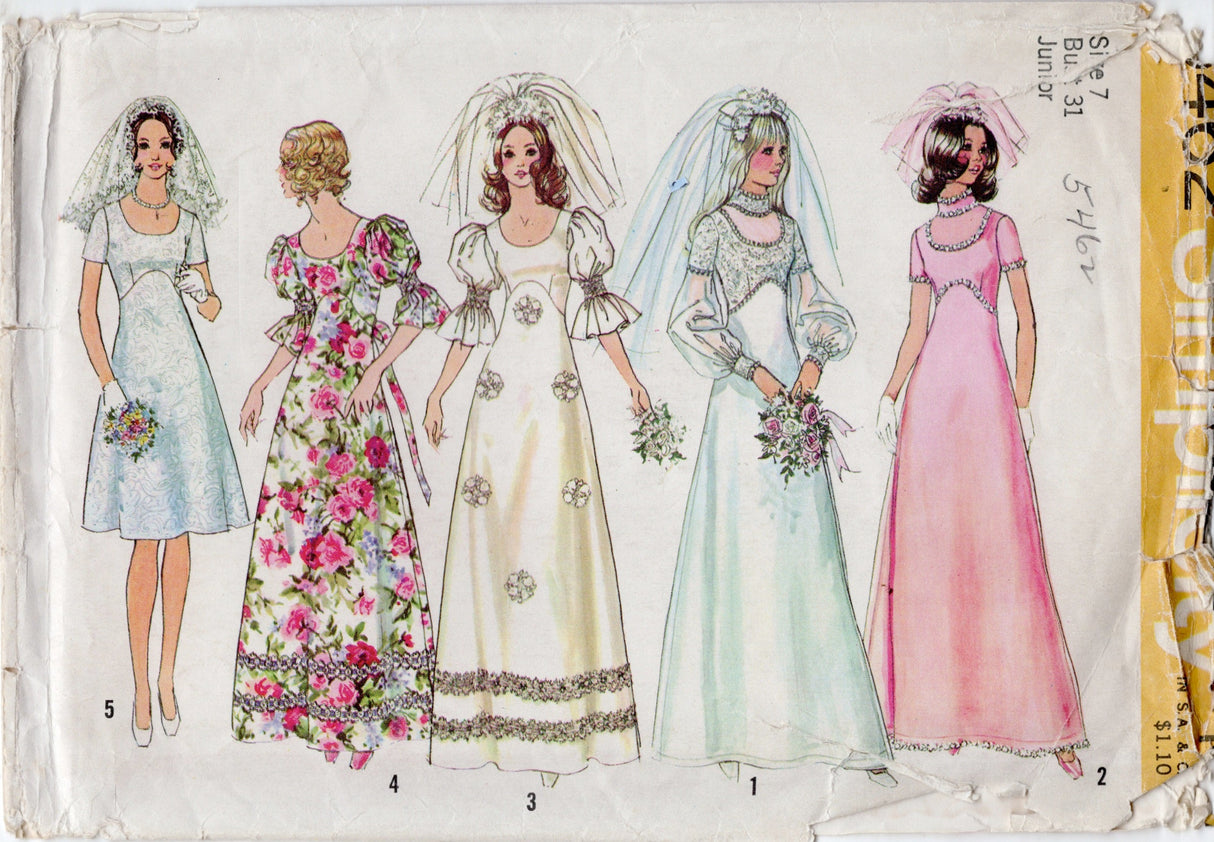 1970's Simplicity Hi-Lo Waist Wedding Dress - Bust 31-34" - No. 5462