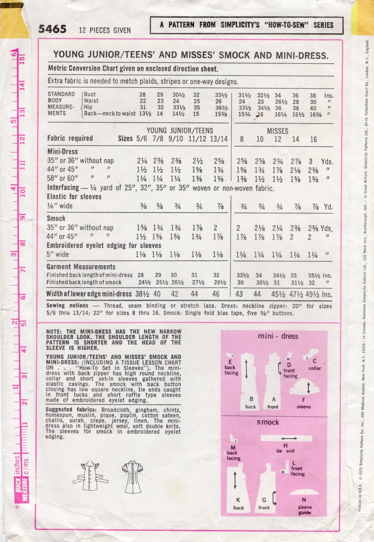1970's Simplicity Sheath and Pinafore Dress Pattern - Bust 31.5" - No. 5465