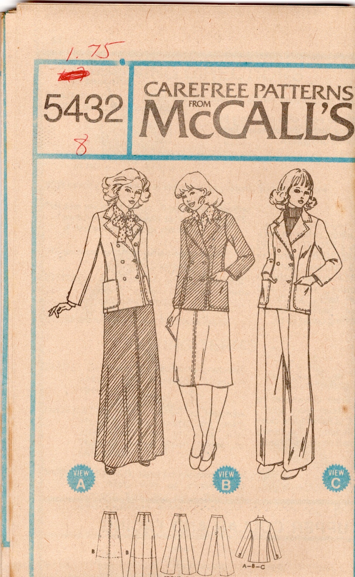 1970's McCall's Skirt, Wide Leg Pants and Blazer pattern - Bust 31.5-38" - no. 5432