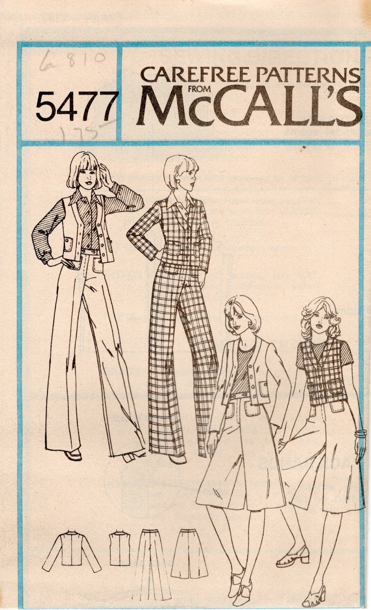 1970's McCall's Vest or Jacket, Pants or Culotte Skirt pattern - Bust 30.5-38" - no. 5477