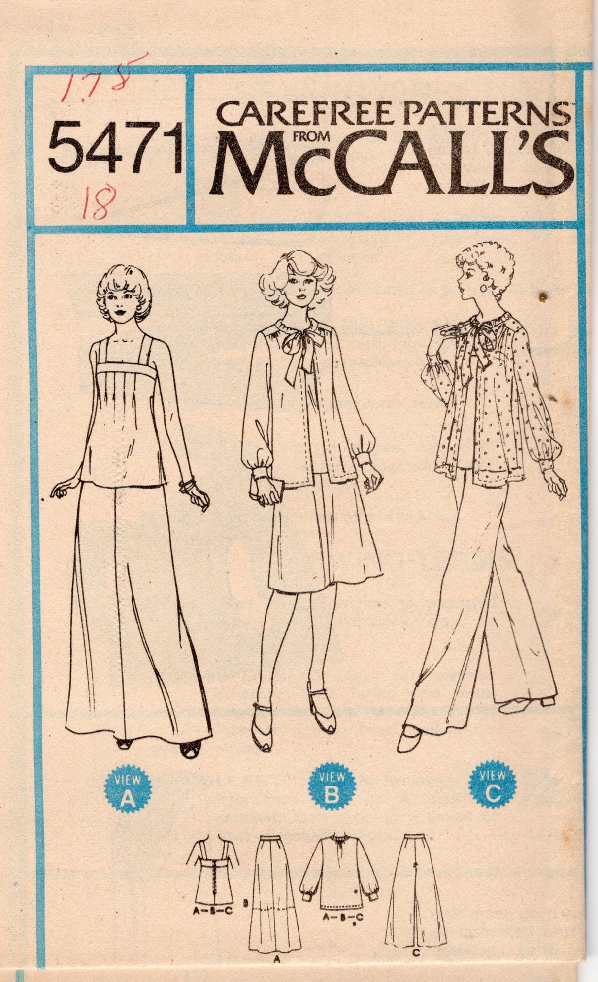1970's McCall's Unlined Jacket, Top, Skirt and Pants pattern - Bust 34-44" - no. 5471