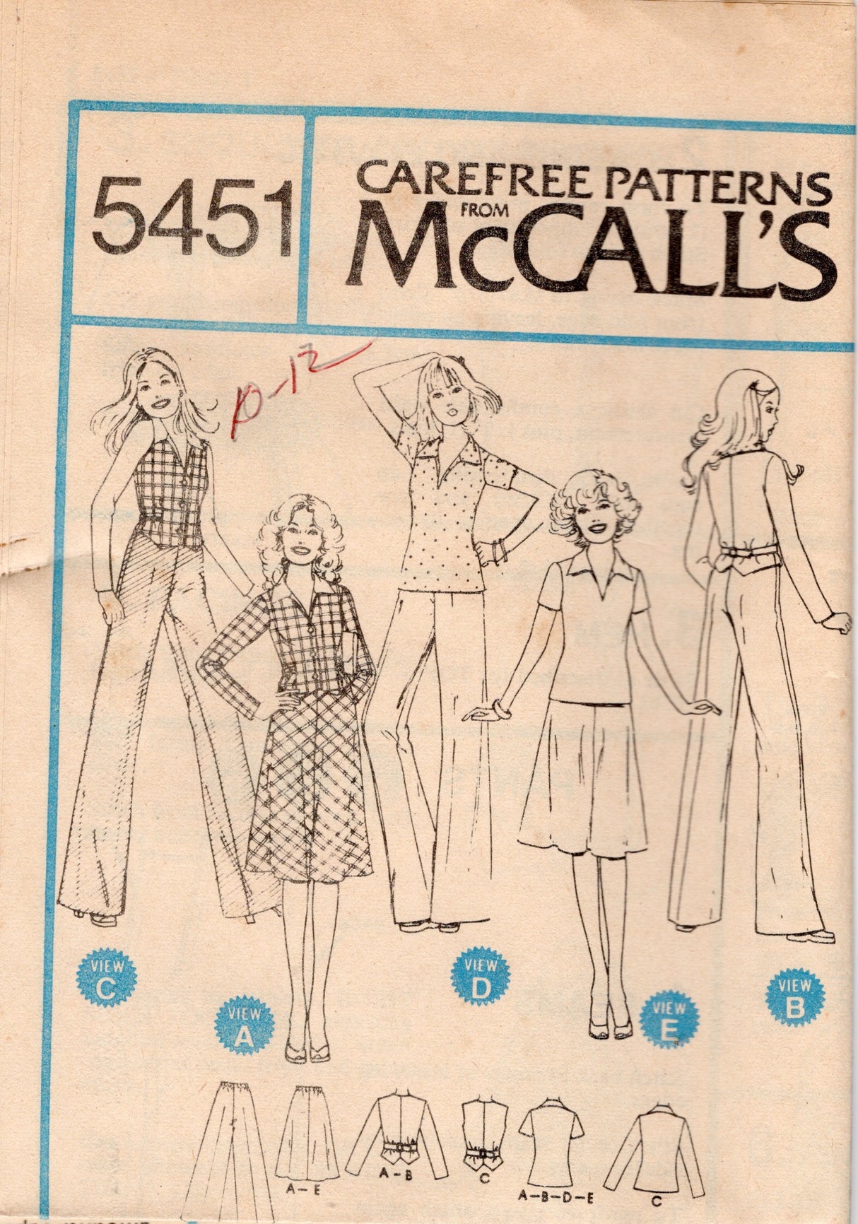 1970's McCall's Pants, Skirt, Unlined Jacket or Vest, and Top pattern - Bust 31.5-36" - no. 5451