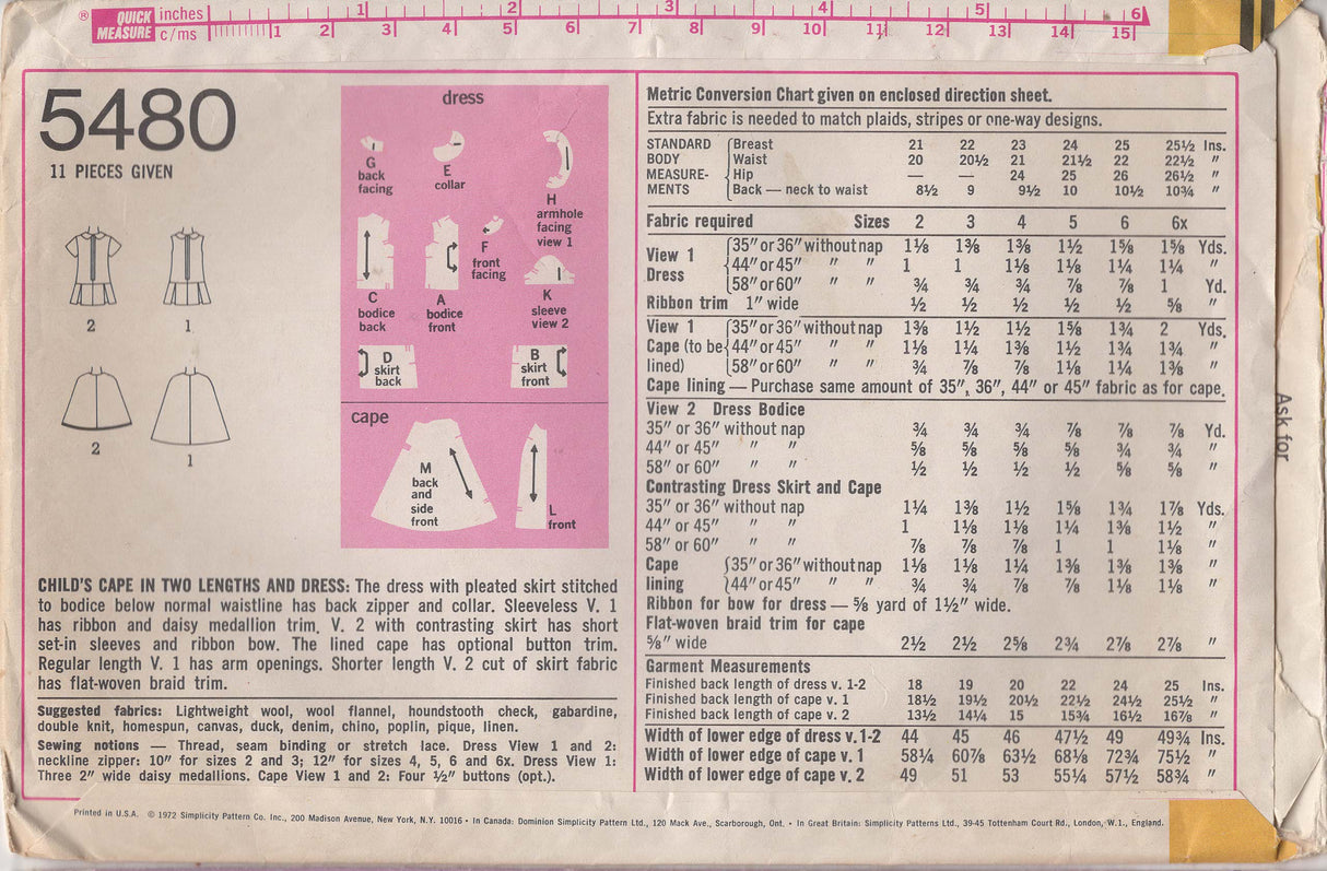 1970's Simplicity Child's Dress and Cape pattern - Chest 23" - No. 5480