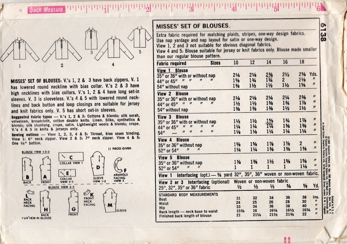 1960’s Simplicity Pullover Blouse Pattern - Bust 34" - No. 6138