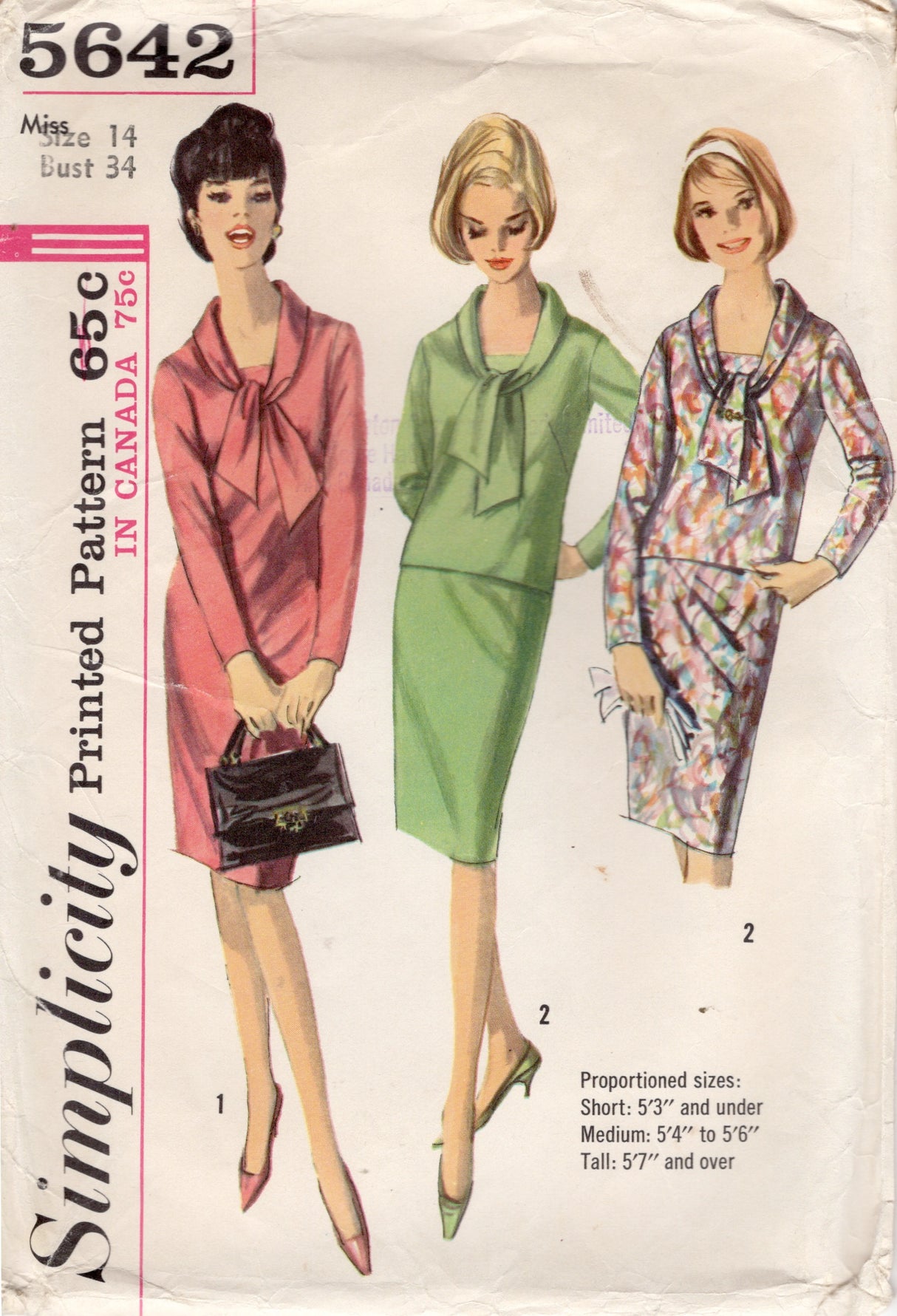 1960's Simplicity One Piece or Two Piece Dress Pattern with Tie Collar  - Bust 34" - No. 5642