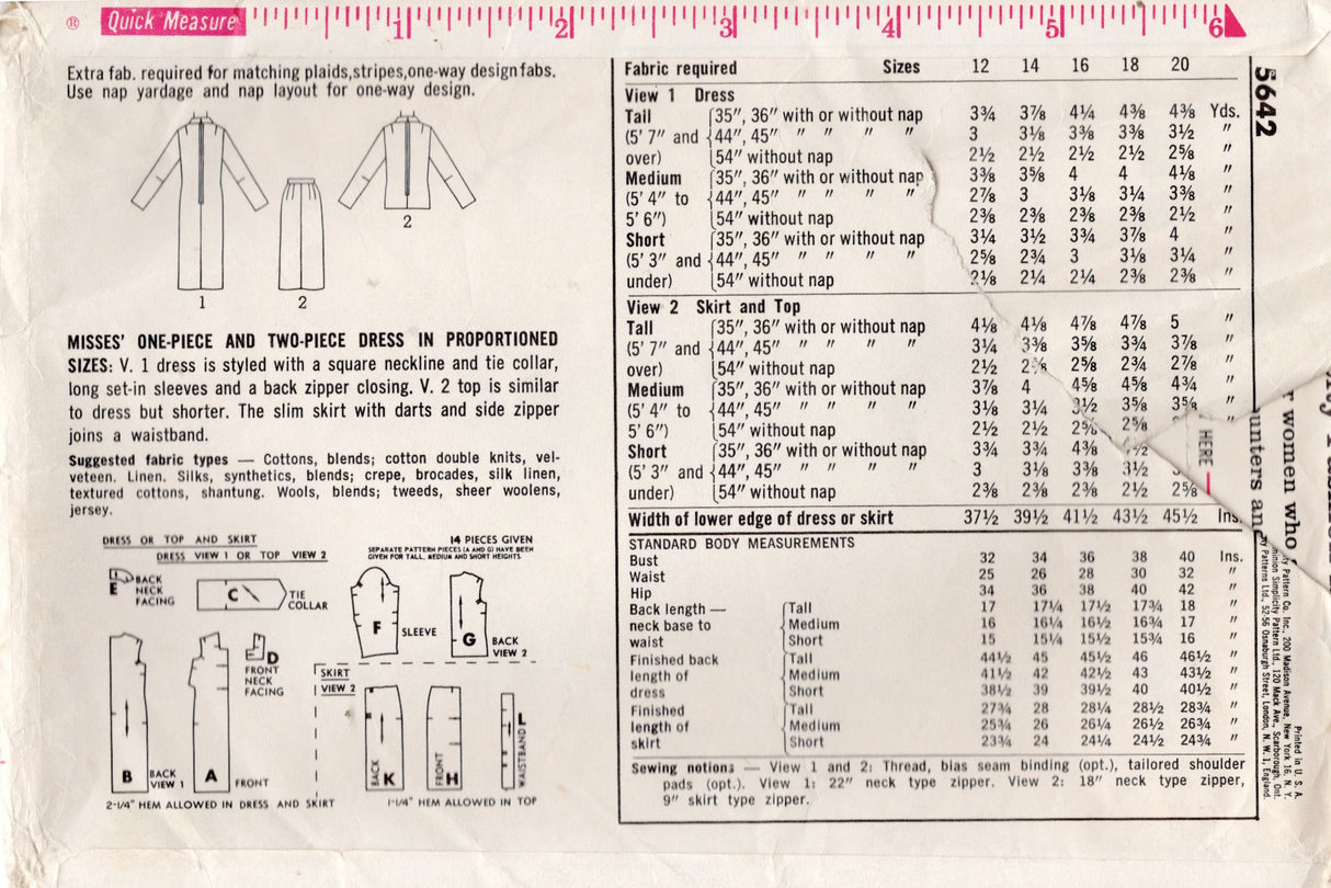 1960's Simplicity One Piece or Two Piece Dress Pattern with Tie Collar  - Bust 34" - No. 5642