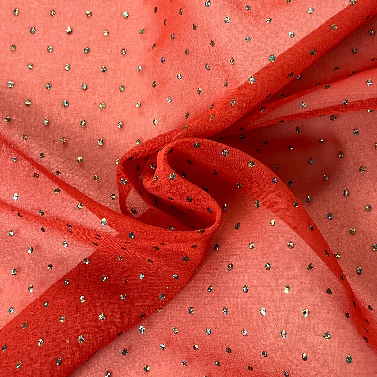 1970's Burnt Orange Chiffon with AB glitter - Polyester - BTY