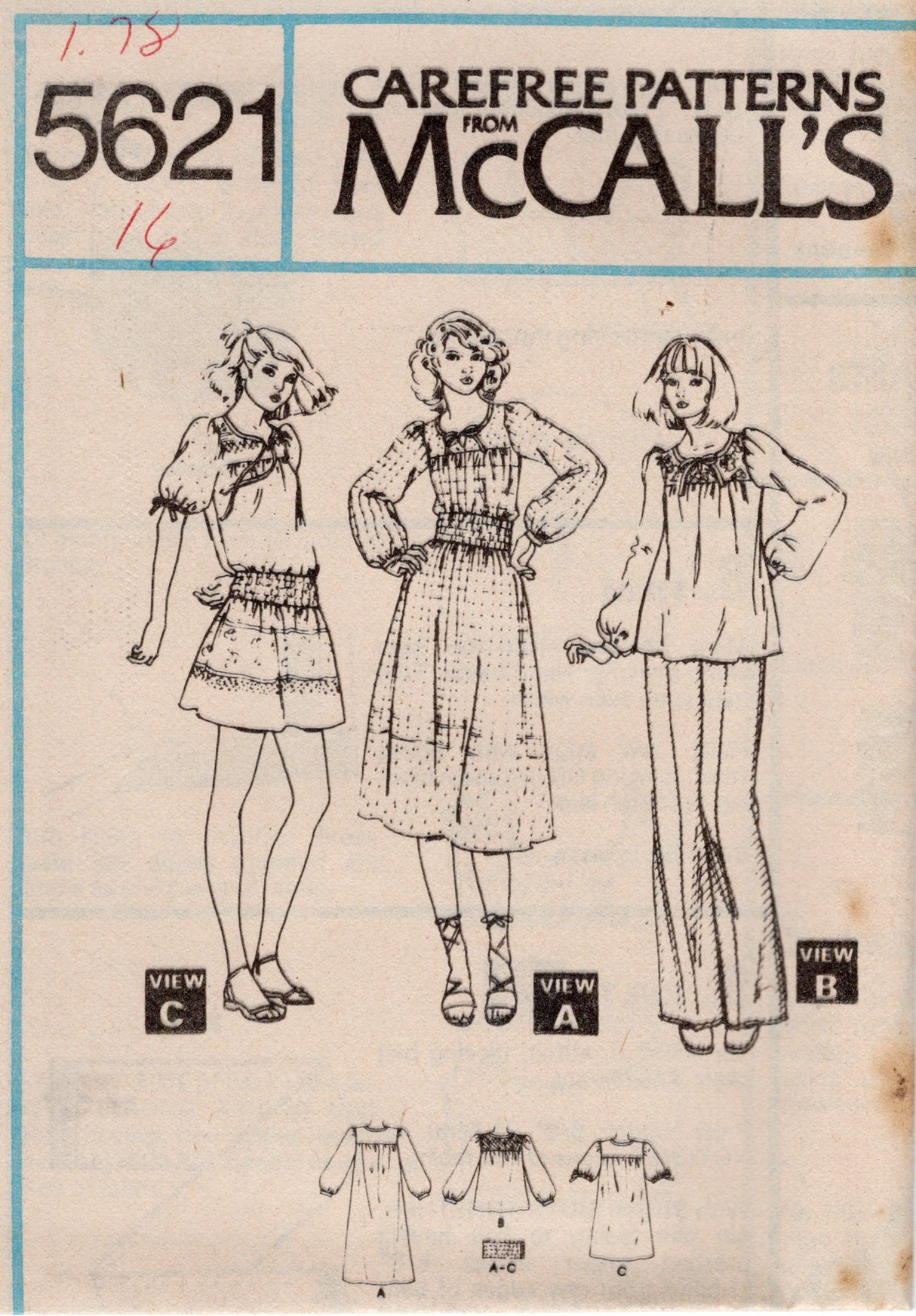 1970's McCall's Yoked Top or Dress and Belt pattern - Bust 31.5-38" - no. 5621
