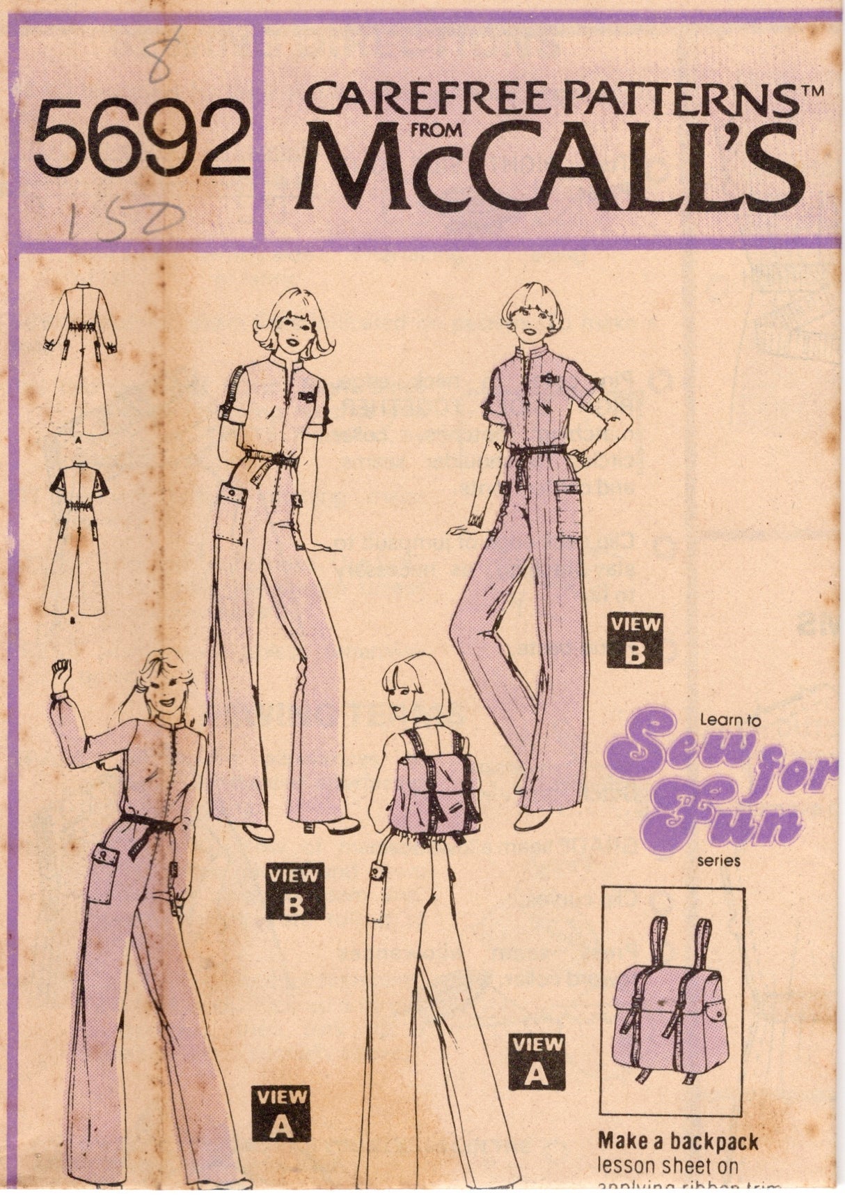 1970's McCall's Jumpsuit and Backpack pattern - Bust 31.5-38" - No. 5692