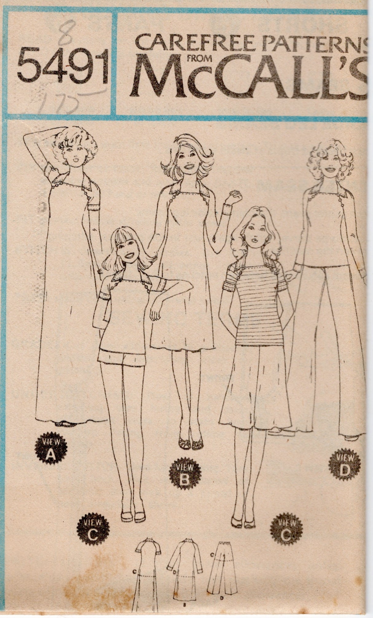 1970's McCall's Raglan Sleeve Top or Dress and Pants or Shorts pattern - Bust 31.5-42" - no. 5491