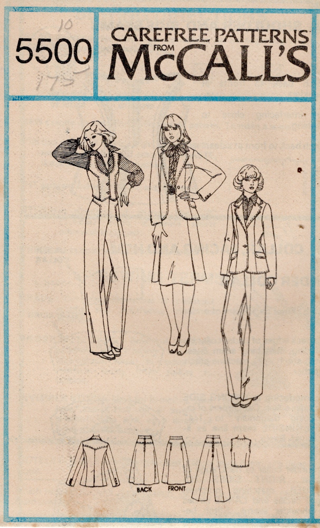 1970's McCall's Unlined Jacket, Vest, Skirt and Pants pattern - Bust 30-38" - No. 5500