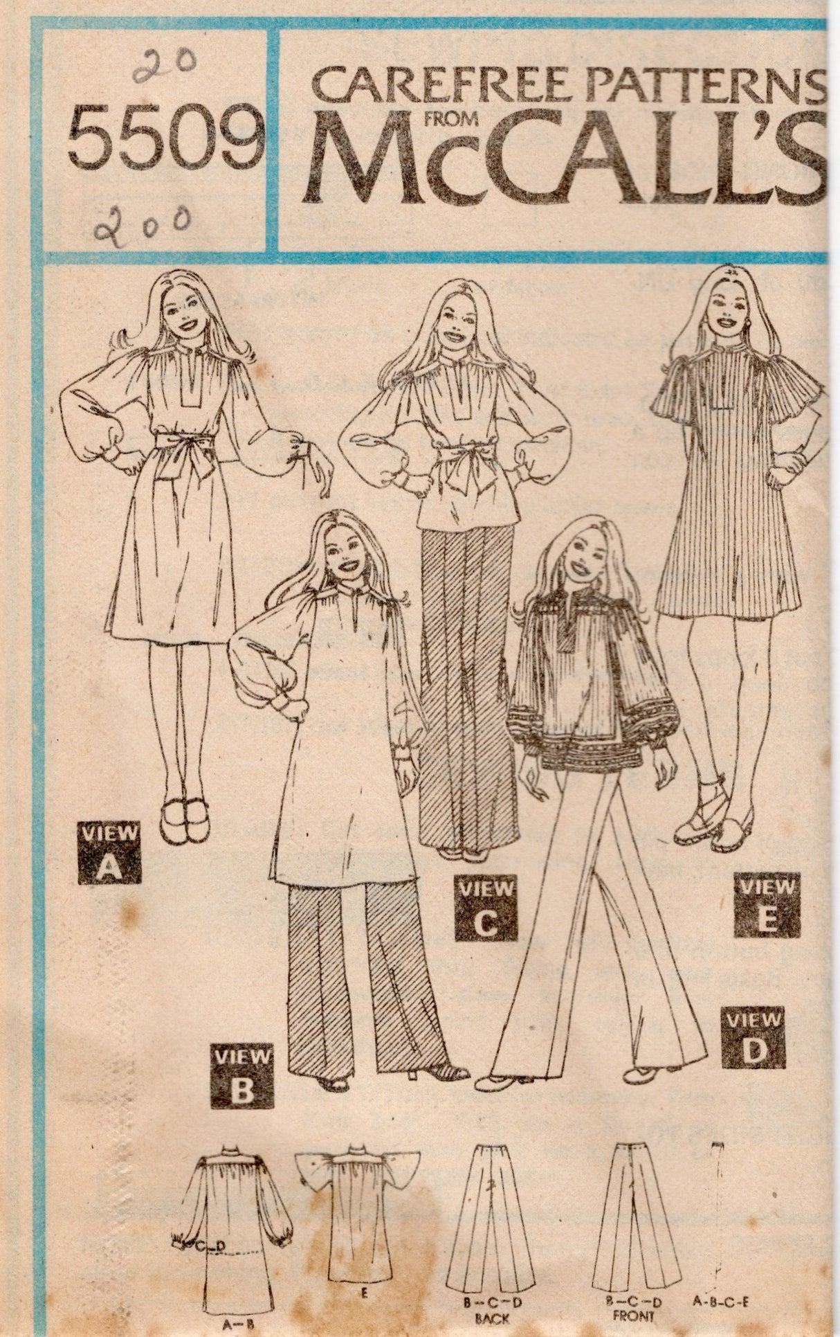 1970's McCall's Marlo's Corner Pullover Dress or Top and Pants Pattern - Bust 32.5-42" - no. 5509