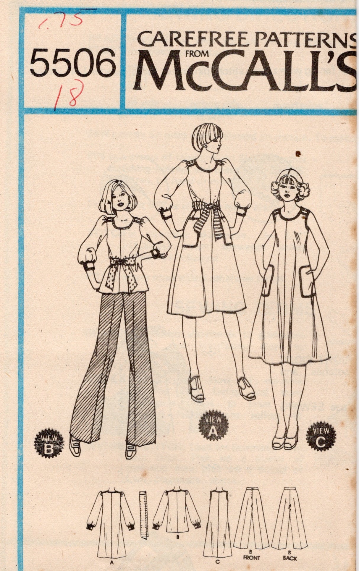 1970's McCall's Pullover Dress or Top and Pants Pattern - Bust 31.5-40" - no. 5506