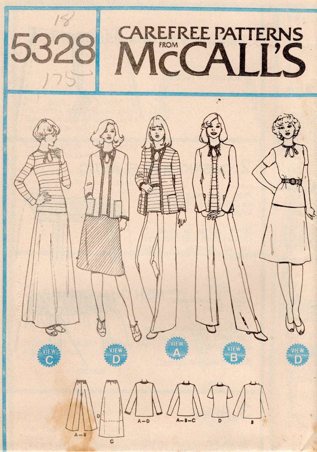 1970's McCall's Unlined Jacket, Top, Skirt and Pants Pattern - Bust 36-40" - no. 5328