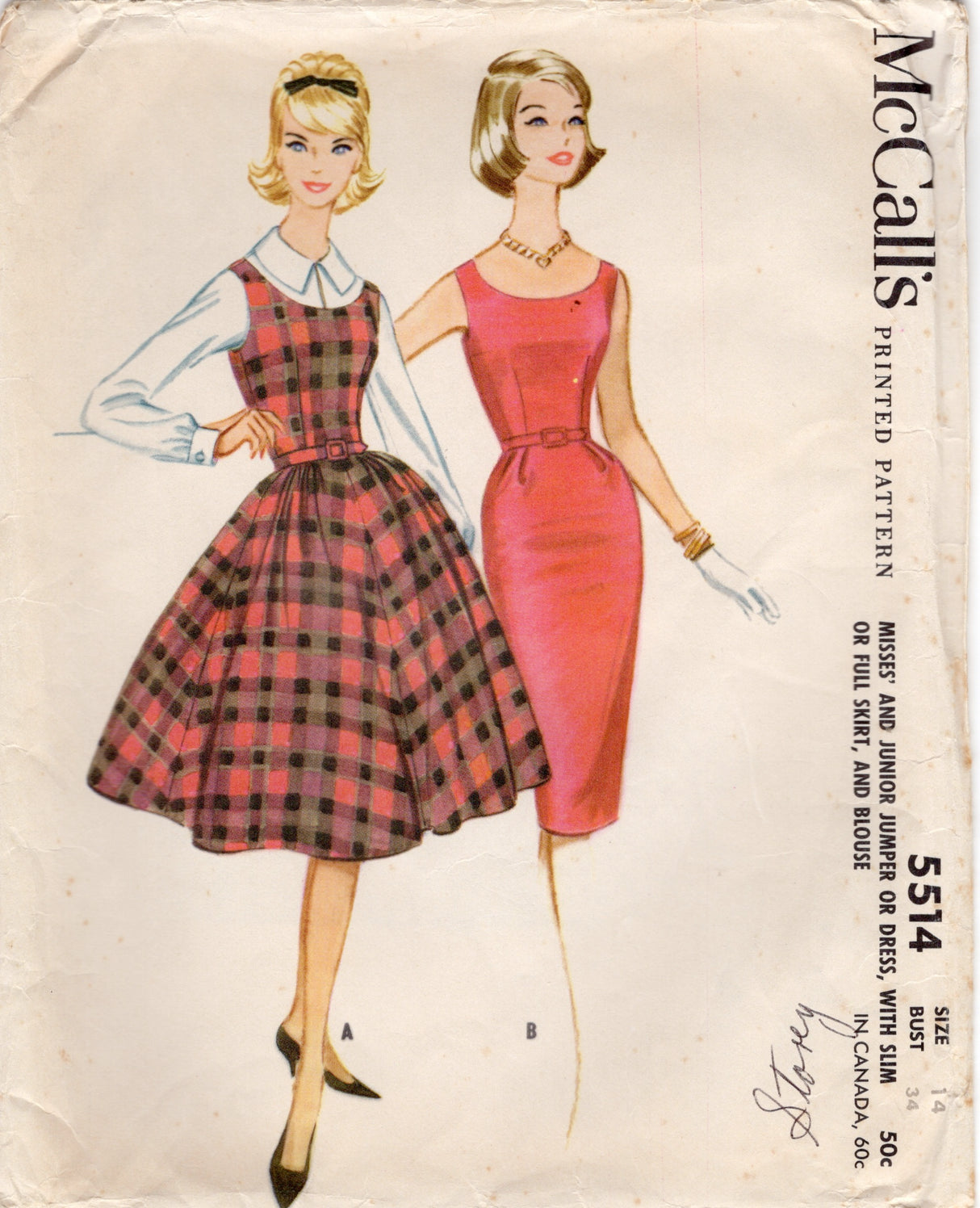 1960's McCall's Jumper Dress with Slim or Full Skirt and Blouse Pattern - Bust 34" - No. 5514