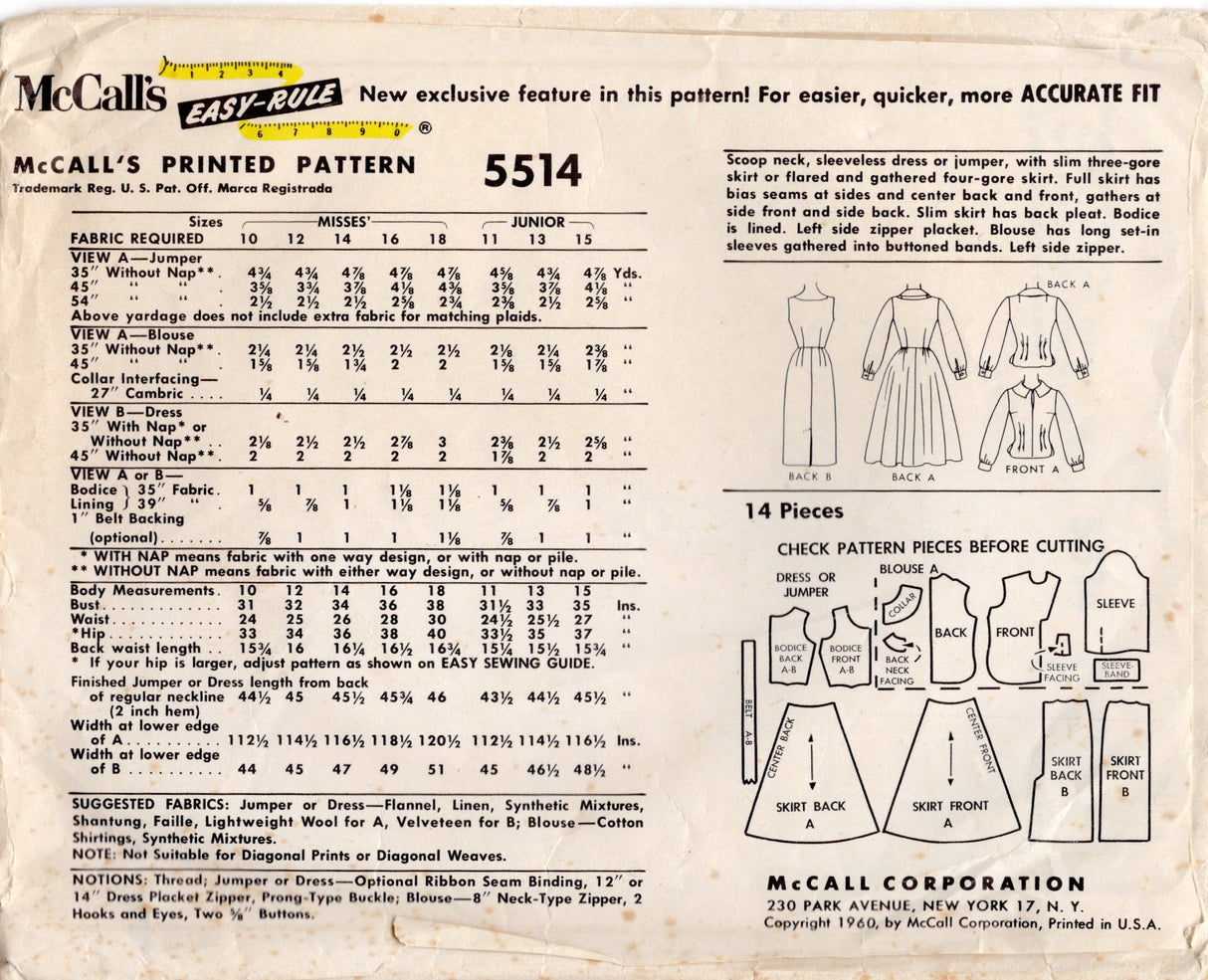1960's McCall's Jumper Dress with Slim or Full Skirt and Blouse Pattern - Bust 34" - No. 5514