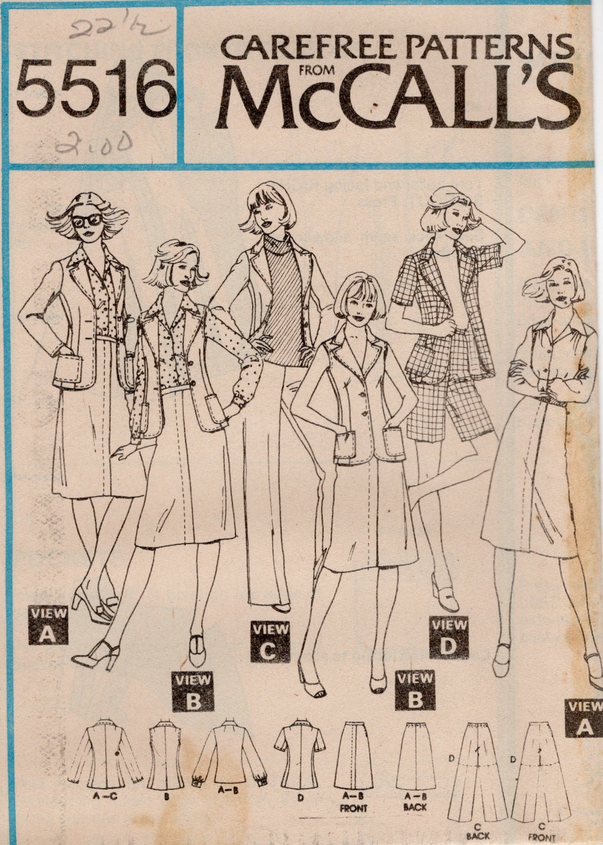 1970's McCall's Jacket, Blouse, Skirt and Pants or Shorts Pattern - Bust 37-45" - no. 5516