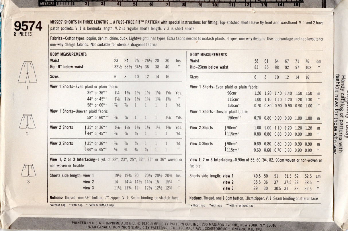 1980's Simplicity Shorts in 3 Lengths Pattern – Waist 24" - No. 9574