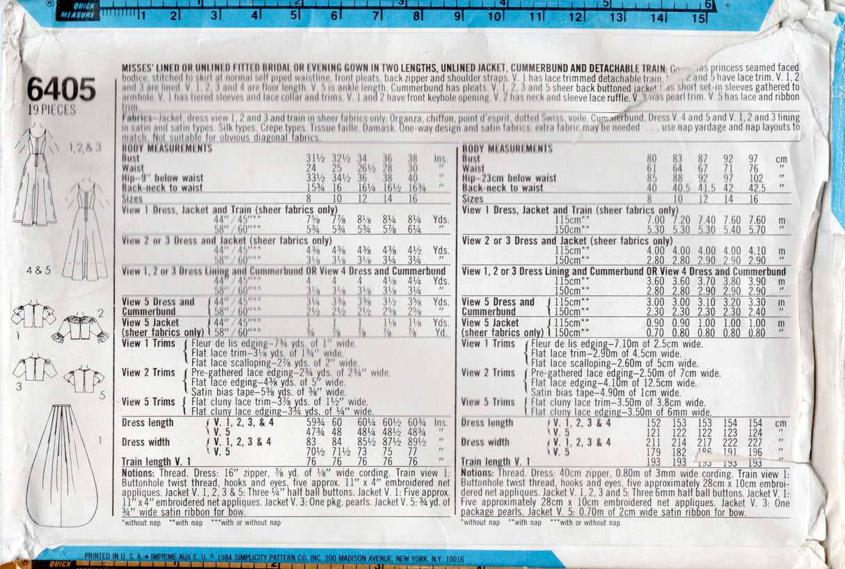 1980's Simplicity Keyhole Wedding Dress or Bridesmaid Dress Pattern - Bust 31.5" - No. 6405