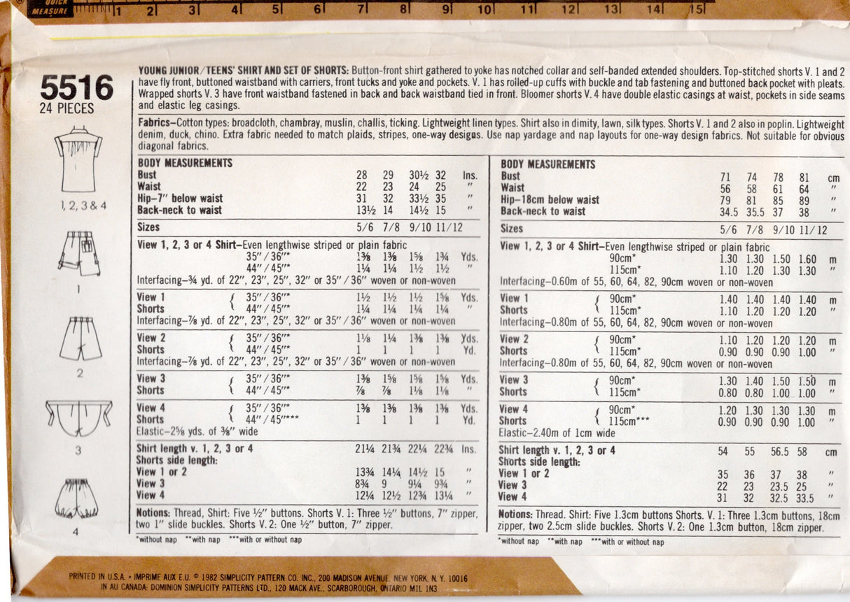 1980's Simplicity Junior's Button Up Blouse and Shorts Pattern - Bust 28" - No. 5516