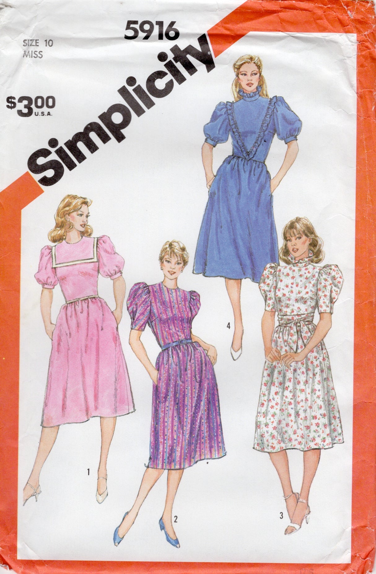 1980's Simplicity One Piece Dress with Puff Sleeve and Sailor Collar - Bust 32.5" - No. 5916