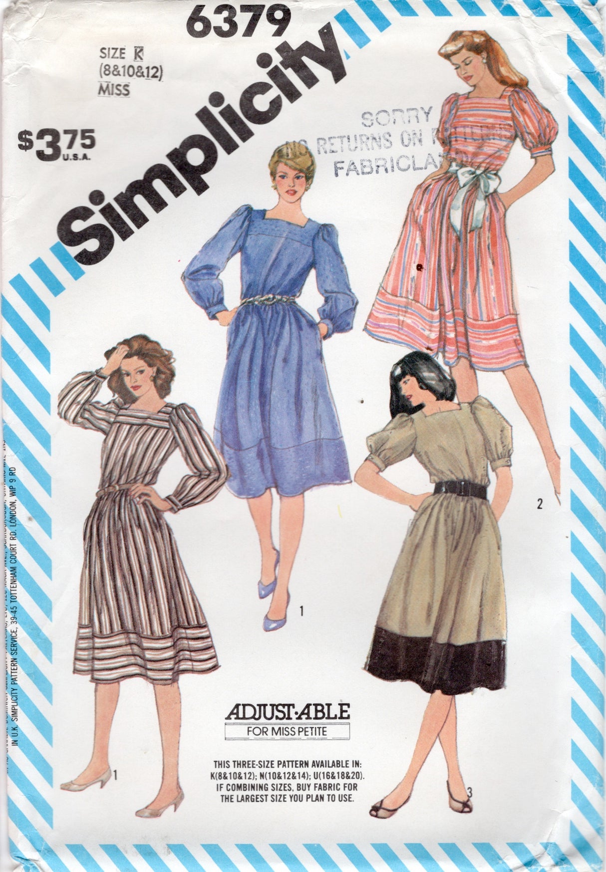 1980's Simplicity Square Neckline Dress with Puff Sleeve Pattern - Bust 31.5-34" - No. 6379